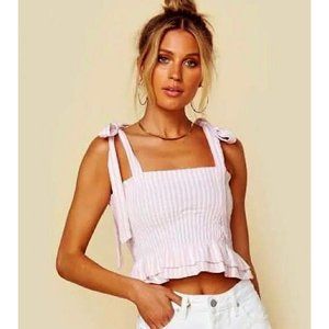 Blue Life Planet Blue Savannah Smocked Top Pink Pinstripes Striped Tie Blouse XS